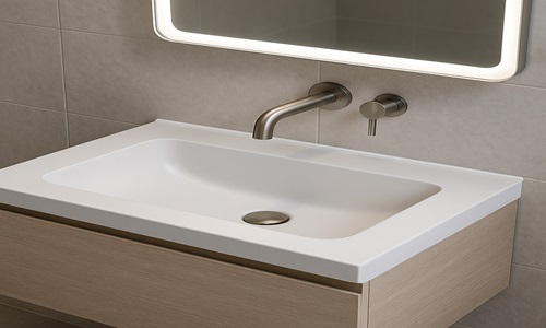 Freestanding tub filler and tub in a hospitality bathroom